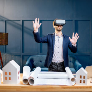 Architect with virtual glasses in the office