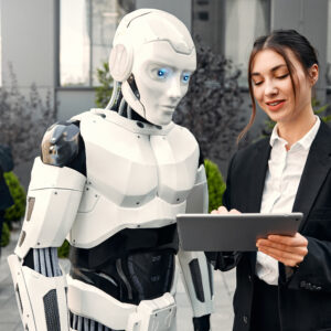 Robot with businessmen on the street near the building
