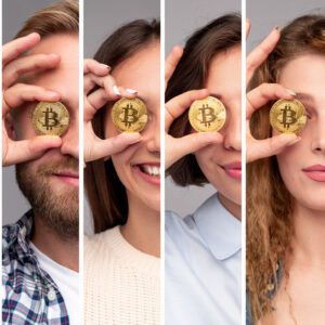 Young people with bitcoin coins