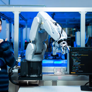Meeting asian Engineers Maintenance Robot Arm at Lab. they are i