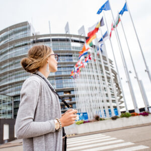Woman near the European parliament building in Strasbourg