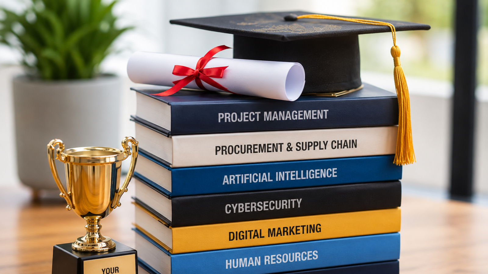 Graduation cap and diploma placed on a stack of professional certification books including Project Management, Procurement & Supply Chain, Artificial Intelligence, Cybersecurity, Digital Marketing, and Human Resources, symbolizing career advancement and skill development.
