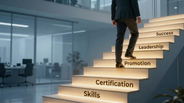 Professional climbing a staircase labeled Skills, Certification, Promotion, Leadership, and Success, illustrating how professional certifications support career growth and advancement.